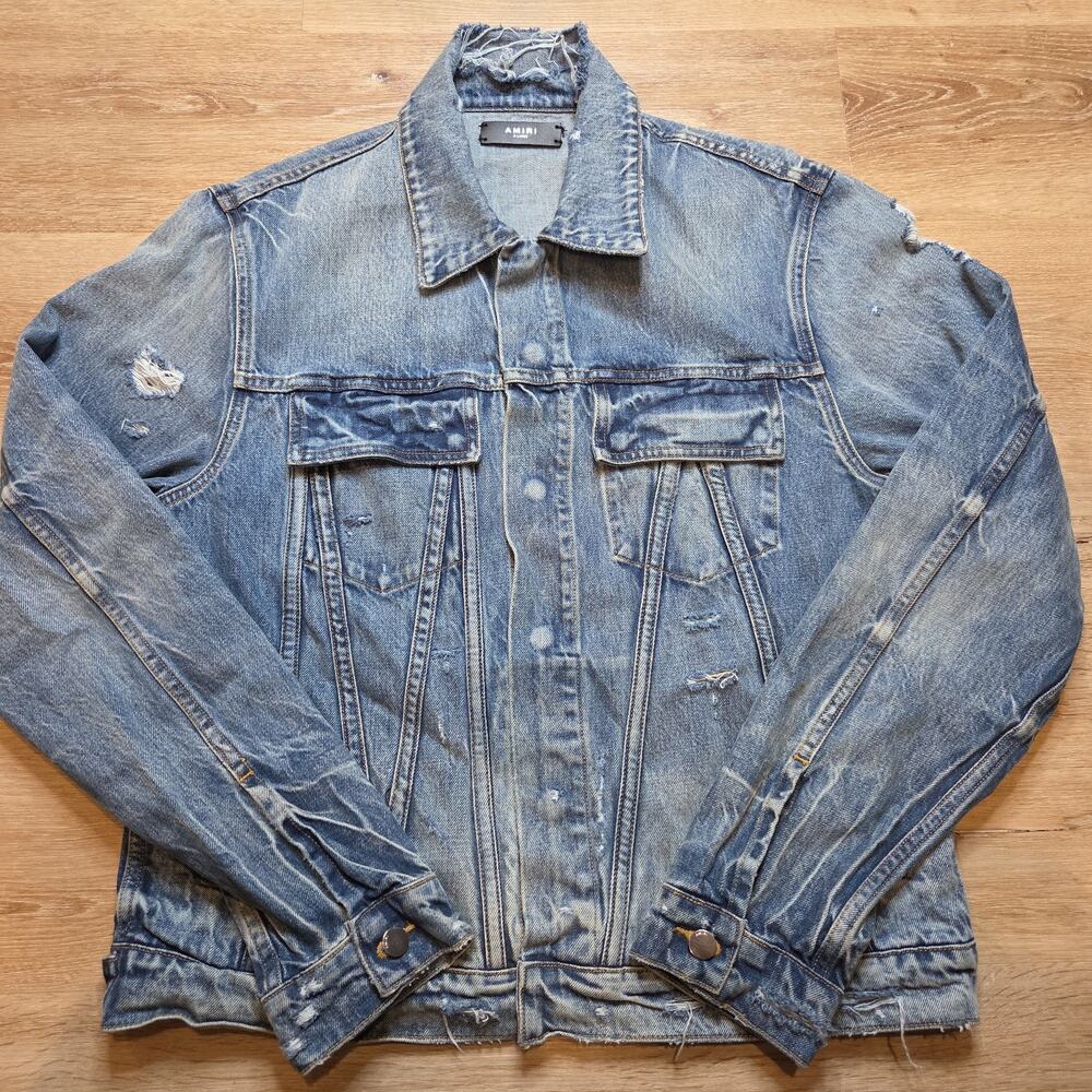AMIRI Men's XL Destroyed Distressed Blue Denim Trucker Jacket Made USA